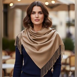 Shawl, Beige, wool blend, soft, silky feel, fringes, size 70 x 21.5 in